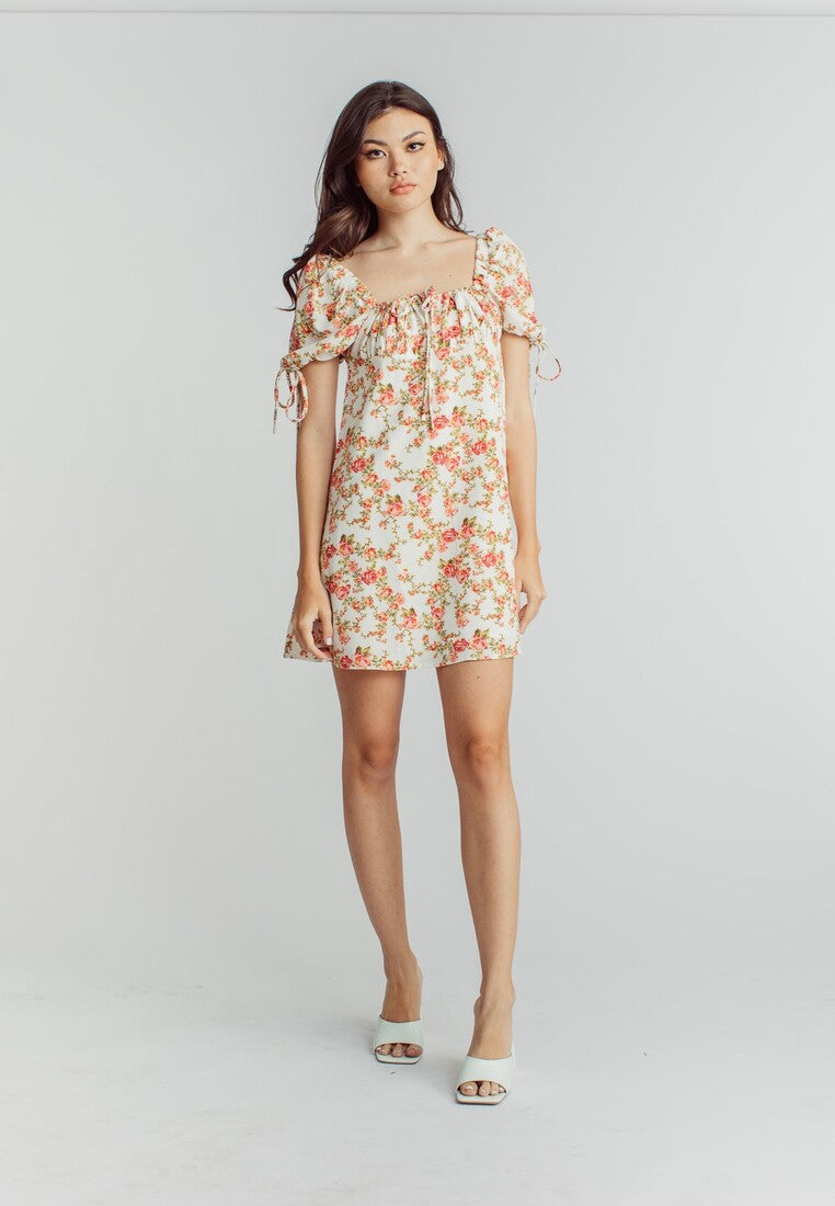 Agate Pink Floral Print Square Neckline Short Sleeve Mini Dress