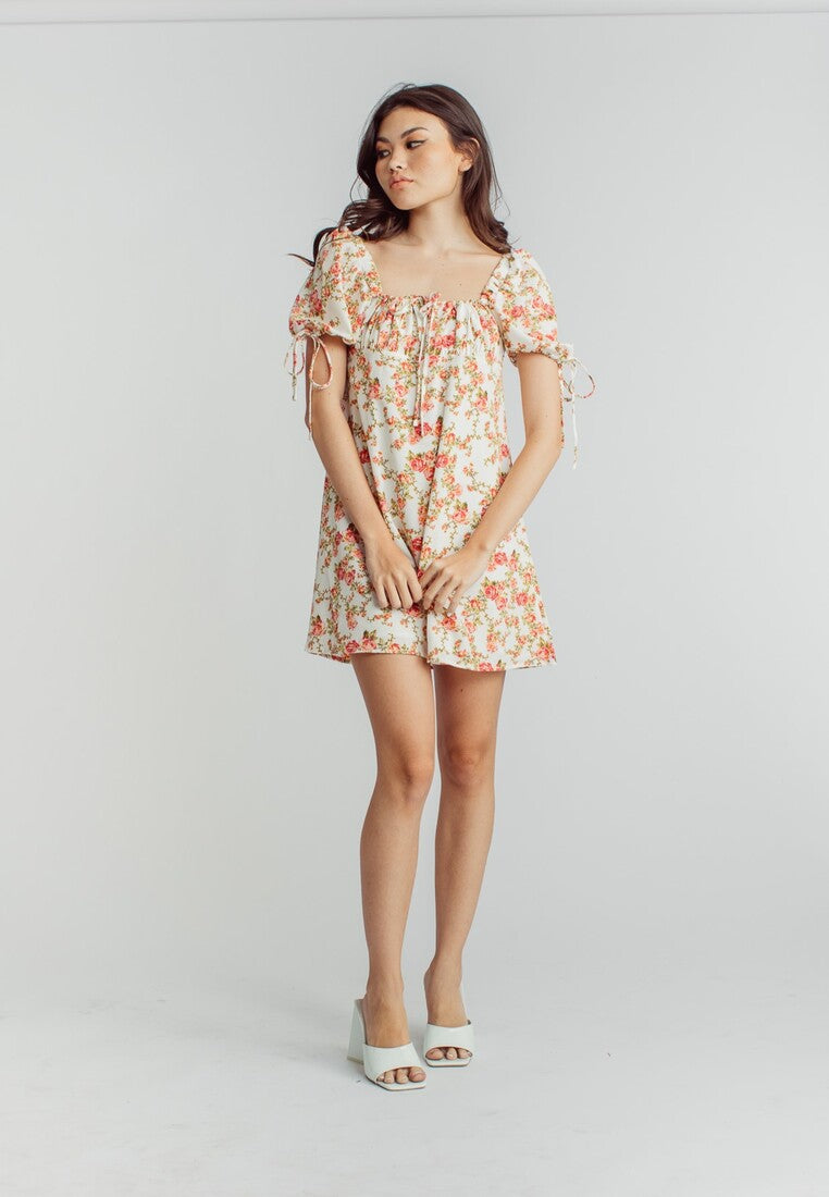 Agate Pink Floral Print Square Neckline Short Sleeve Mini Dress