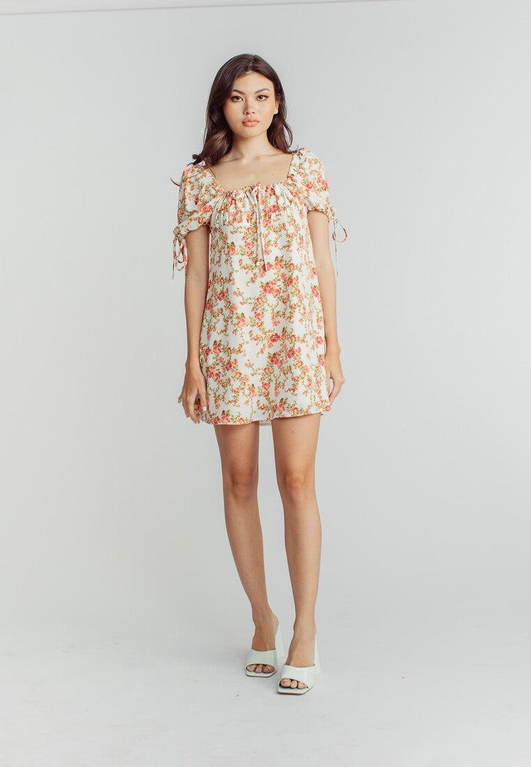 Agate Pink Floral Print Square Neckline Short Sleeve Mini Dress