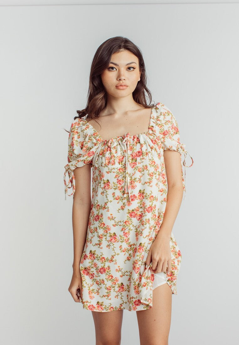 Agate Pink Floral Print Square Neckline Short Sleeve Mini Dress