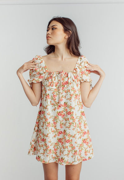 Agate Pink Floral Print Square Neckline Short Sleeve Mini Dress