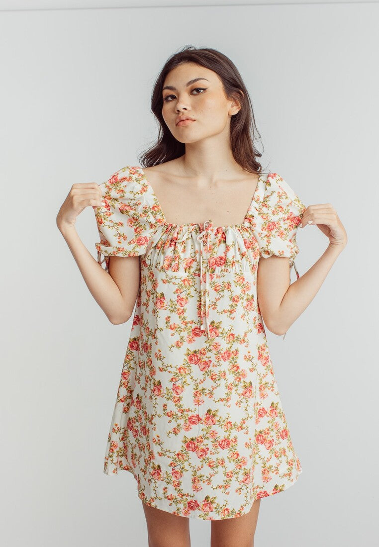 Agate Pink Floral Print Square Neckline Short Sleeve Mini Dress