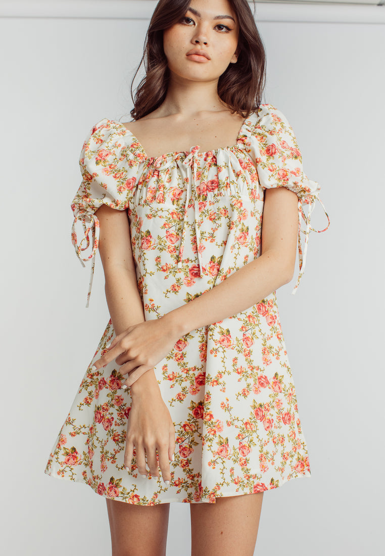 Agate Pink Floral Print Square Neckline Short Sleeve Mini Dress