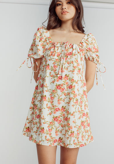 Agate Pink Floral Print Square Neckline Short Sleeve Mini Dress