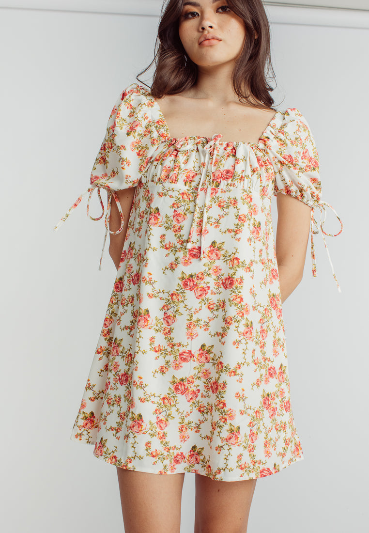 Agate Pink Floral Print Square Neckline Short Sleeve Mini Dress