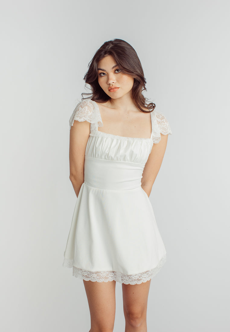 Diamond White Square Neck Short Sleeve Lace Mini Dress