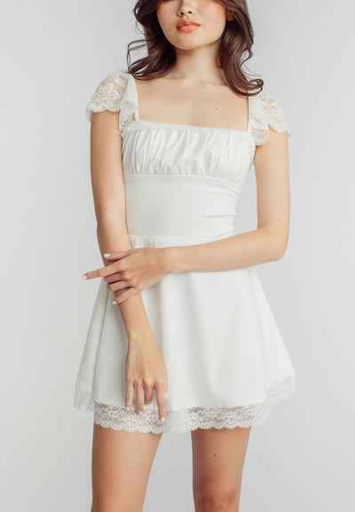 Diamond White Square Neck Short Sleeve Lace Mini Dress