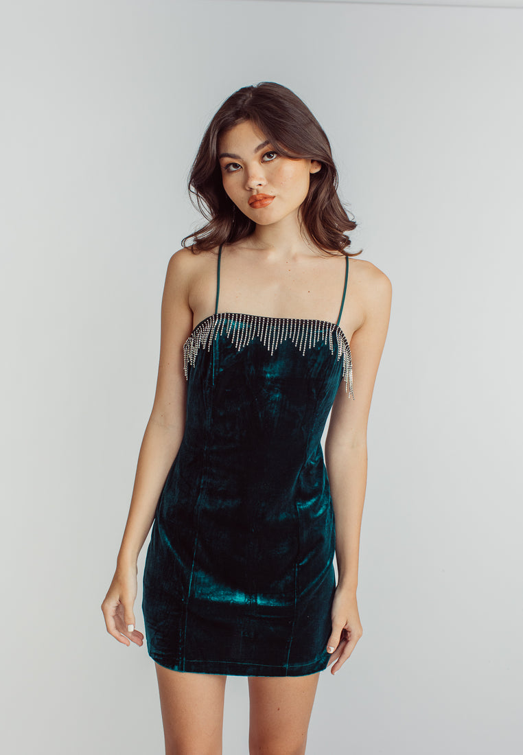 Emerald Velvet Green Rhinestones Tassel Sleeveless Mini Dress