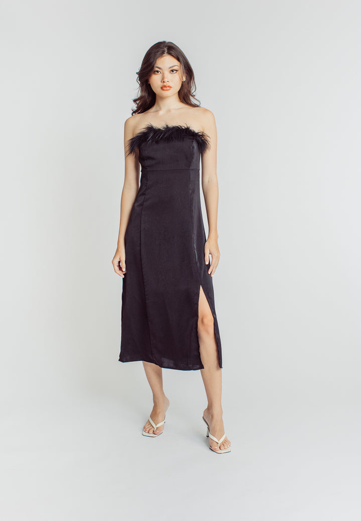 Keanu Black Classic Furr Neckline Tube Side Slit Midi Dress