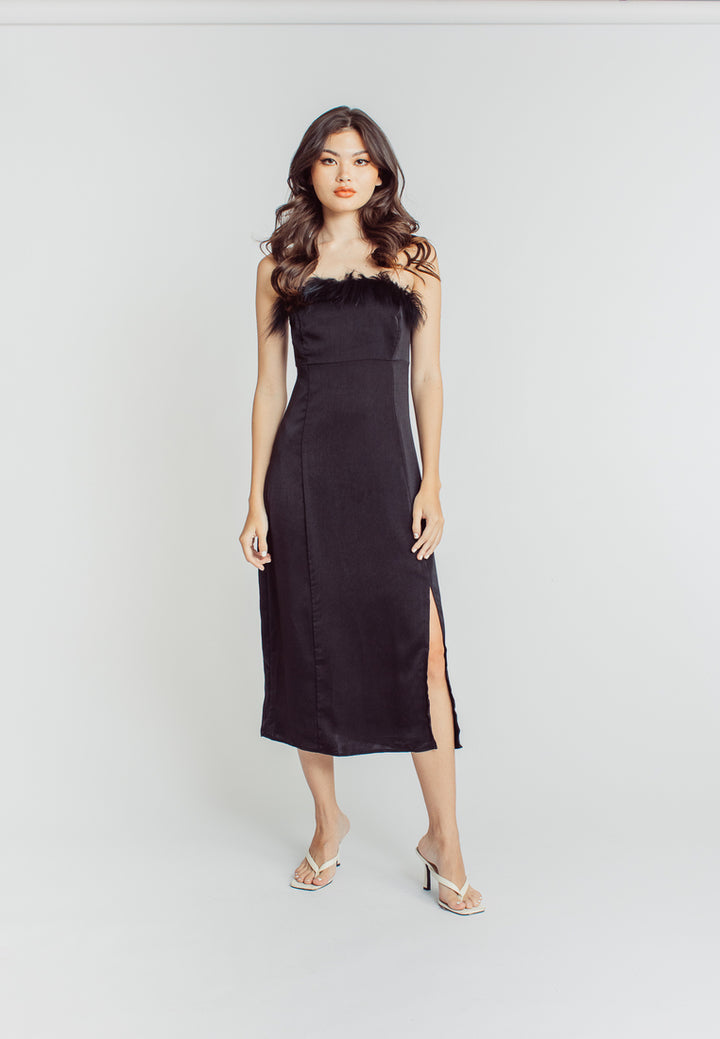 Keanu Black Classic Furr Neckline Tube Side Slit Midi Dress