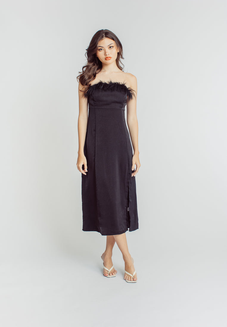 Keanu Black Classic Furr Neckline Tube Side Slit Midi Dress