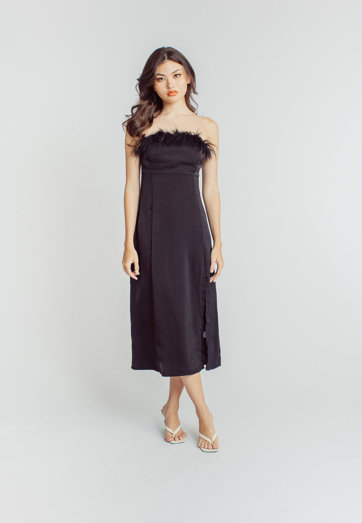 Keanu Black Classic Furr Neckline Tube Side Slit Midi Dress