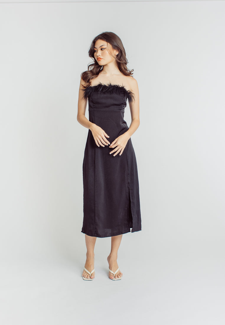 Keanu Black Classic Furr Neckline Tube Side Slit Midi Dress
