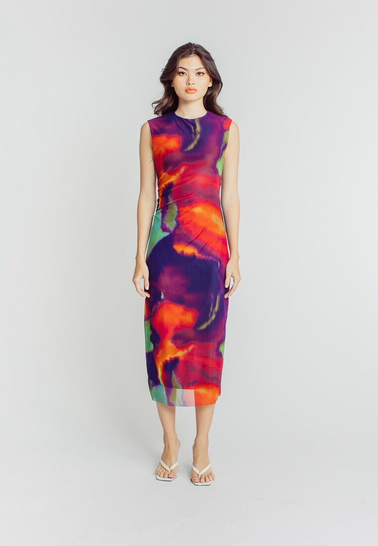 Harris Multicolor Abstract Print Crew Neck Sleeveless Ruched Side Midi Dress