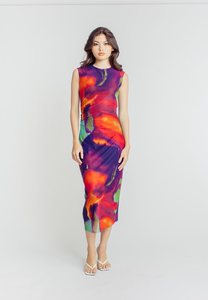 Harris Multicolor Abstract Print Crew Neck Sleeveless Ruched Side Midi Dress