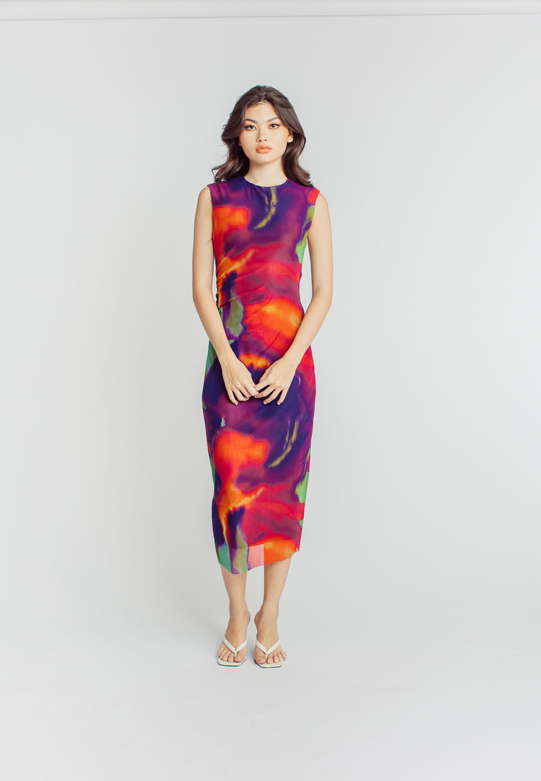 Harris Multicolor Abstract Print Crew Neck Sleeveless Ruched Side Midi Dress