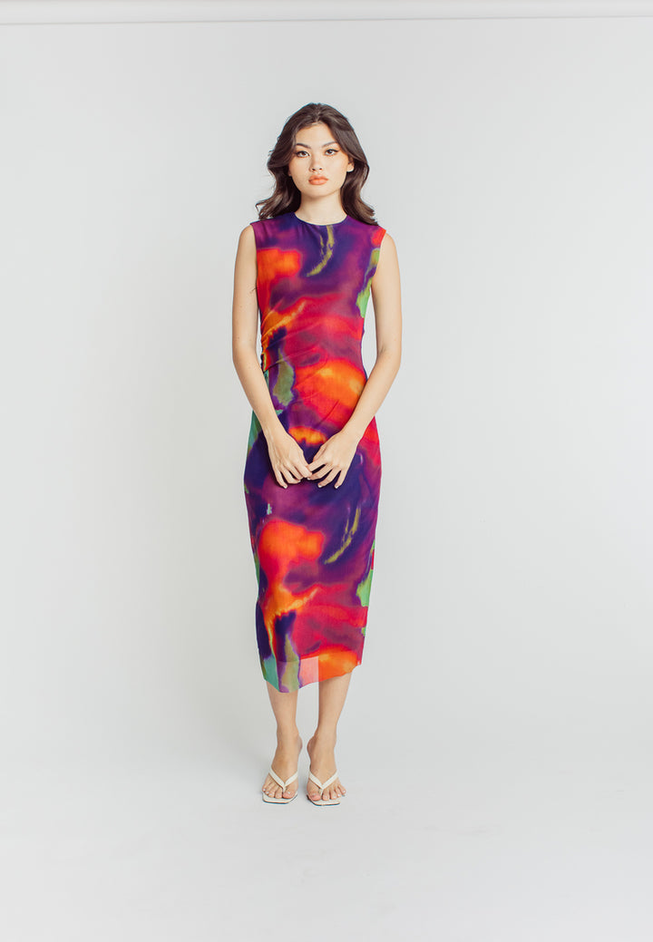 Harris Multicolor Abstract Print Crew Neck Sleeveless Ruched Side Midi Dress