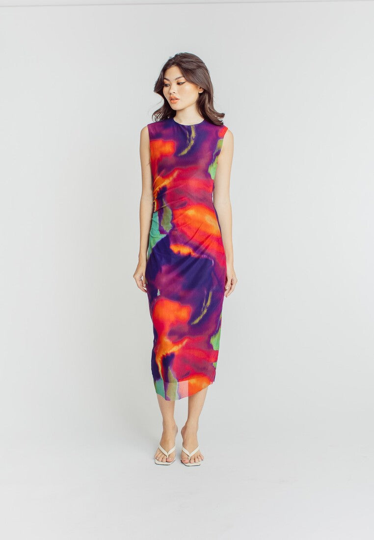 Harris Multicolor Abstract Print Crew Neck Sleeveless Ruched Side Midi Dress