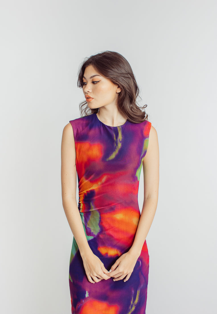 Harris Multicolor Abstract Print Crew Neck Sleeveless Ruched Side Midi Dress