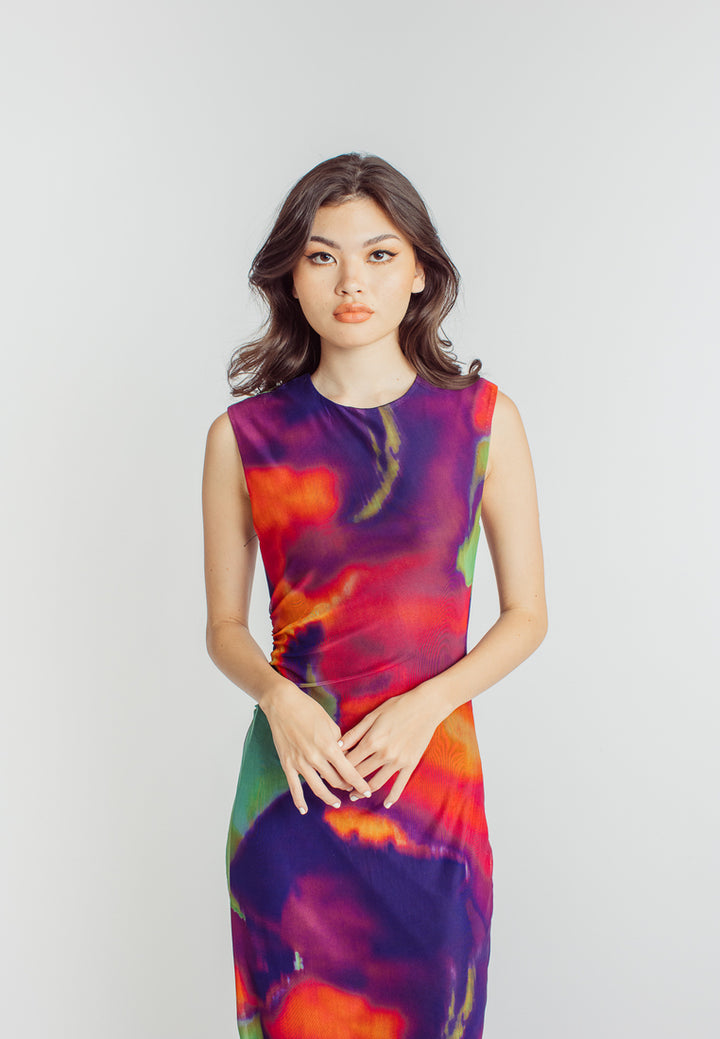 Harris Multicolor Abstract Print Crew Neck Sleeveless Ruched Side Midi Dress