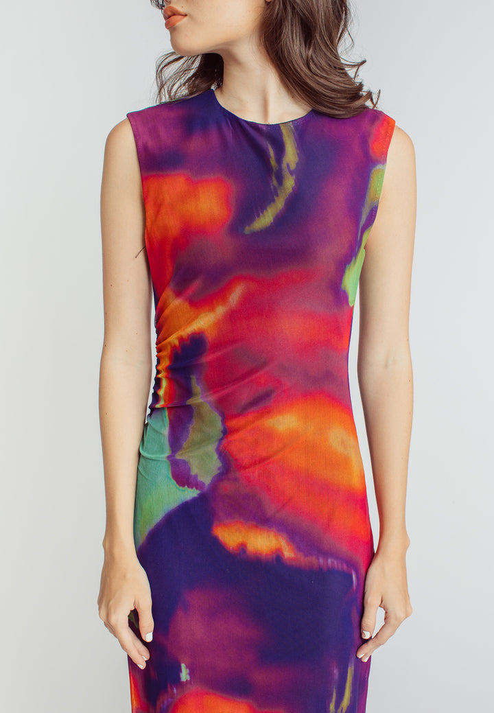 Harris Multicolor Abstract Print Crew Neck Sleeveless Ruched Side Midi Dress