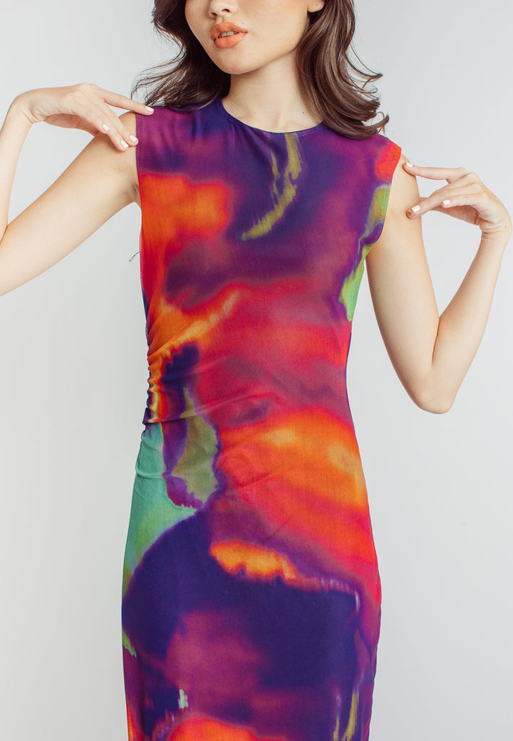 Harris Multicolor Abstract Print Crew Neck Sleeveless Ruched Side Midi Dress