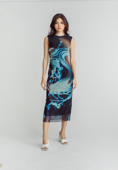 Harris Black Blue Abstract Print Crew Neck Sleeveless Ruched Side Midi Dress