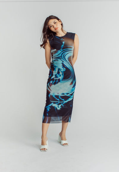 Harris Black Blue Abstract Print Crew Neck Sleeveless Ruched Side Midi Dress