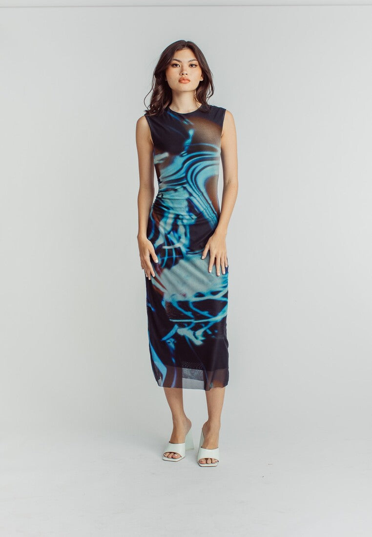 Harris Black Blue Abstract Print Crew Neck Sleeveless Ruched Side Midi Dress