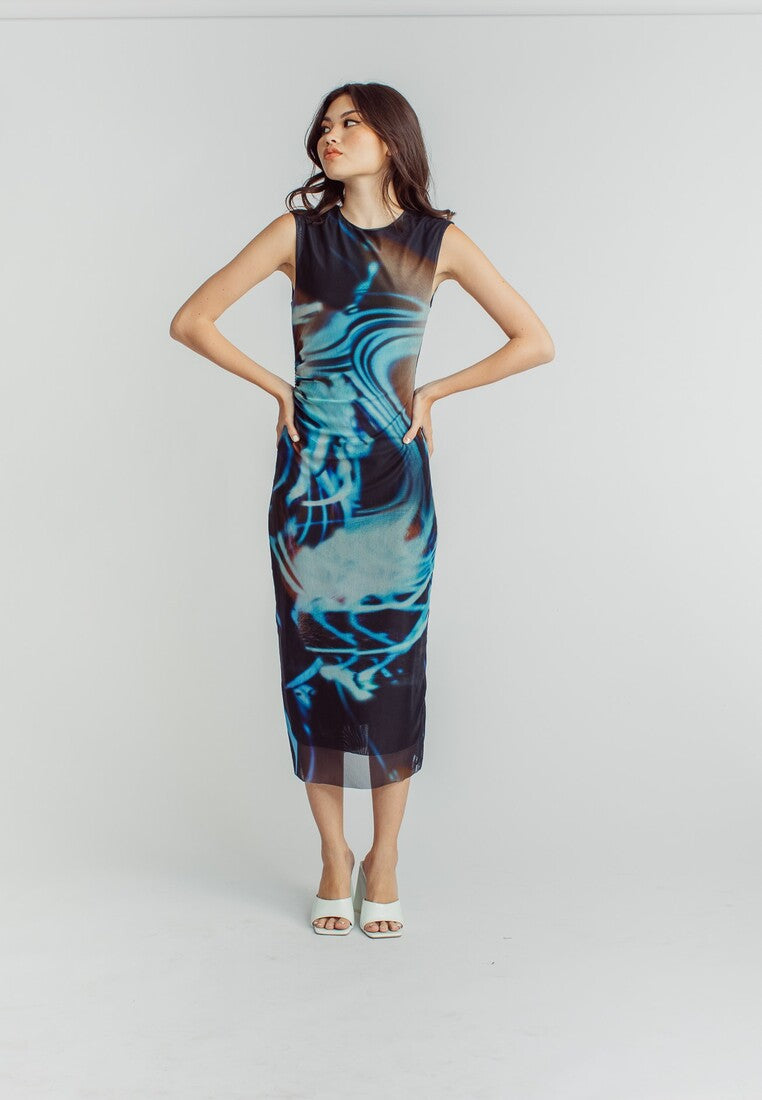 Harris Black Blue Abstract Print Crew Neck Sleeveless Ruched Side Midi Dress