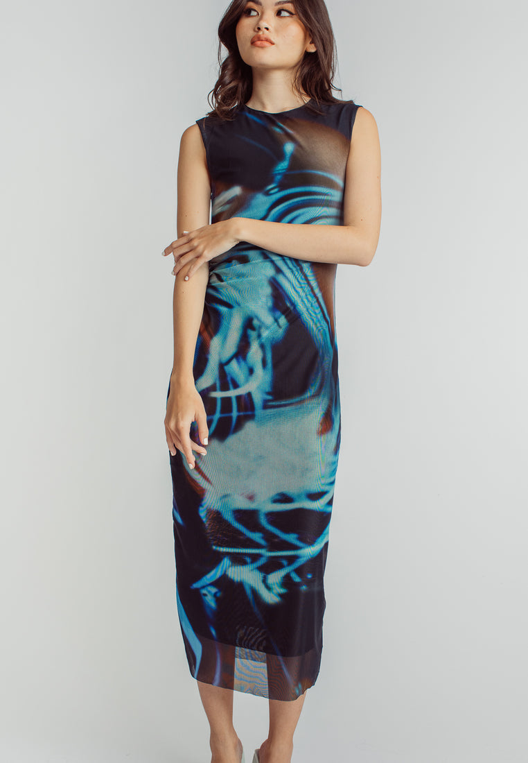 Harris Black Blue Abstract Print Crew Neck Sleeveless Ruched Side Midi Dress