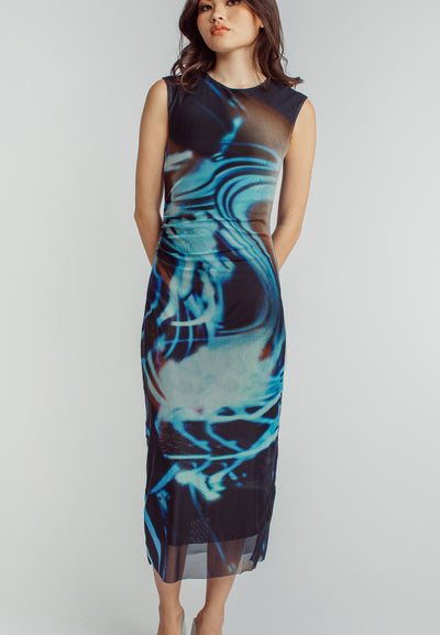 Harris Black Blue Abstract Print Crew Neck Sleeveless Ruched Side Midi Dress