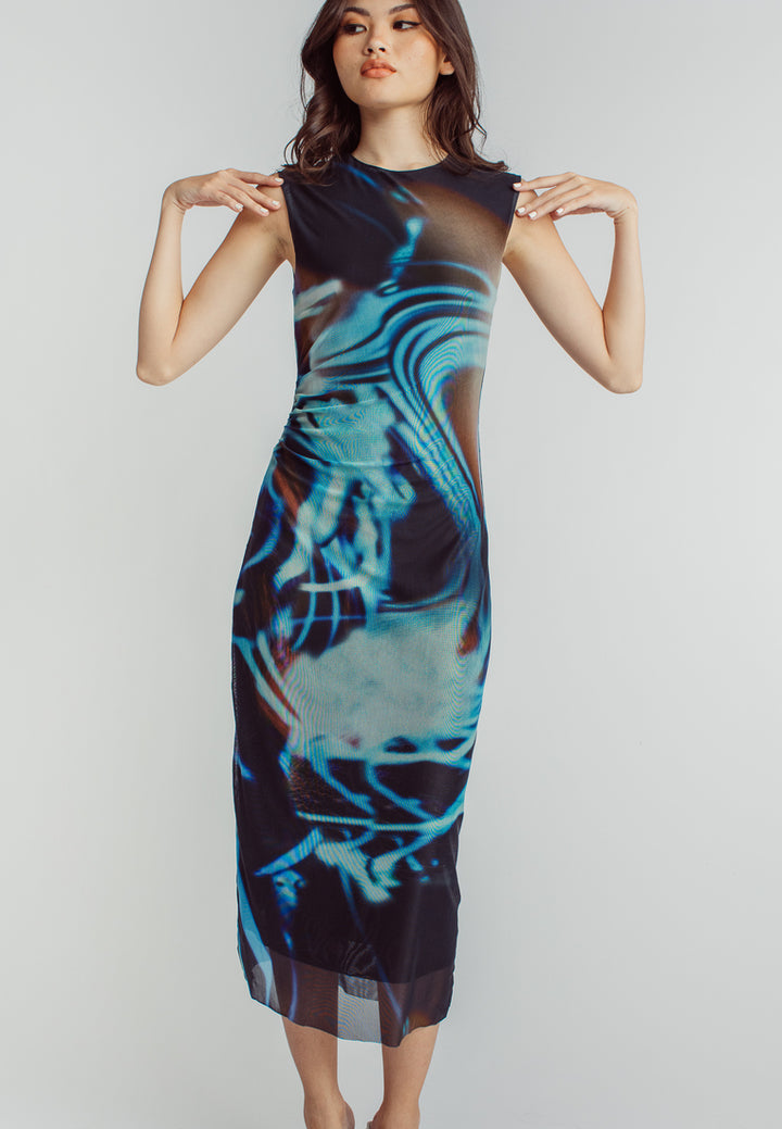 Harris Black Blue Abstract Print Crew Neck Sleeveless Ruched Side Midi Dress