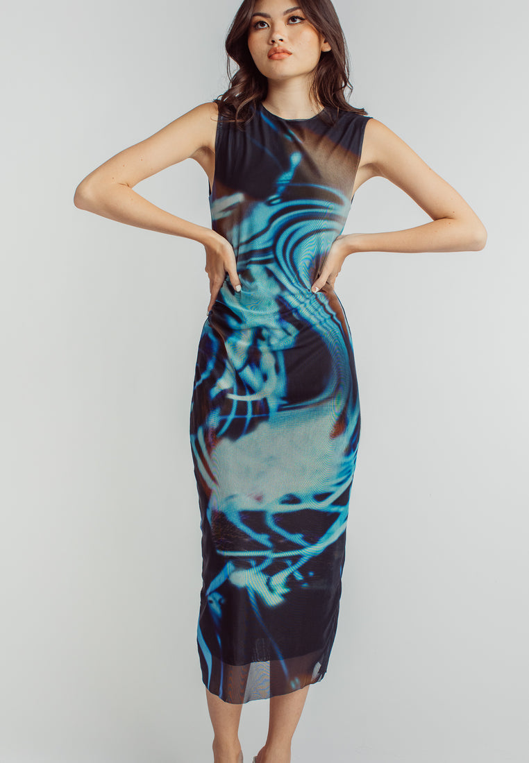 Harris Black Blue Abstract Print Crew Neck Sleeveless Ruched Side Midi Dress