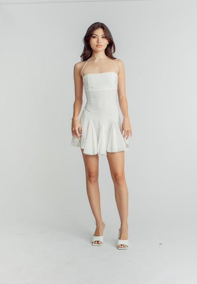Jermaine White Tube Halter Strap Sleeveless Peplum Hem Mini Dress
