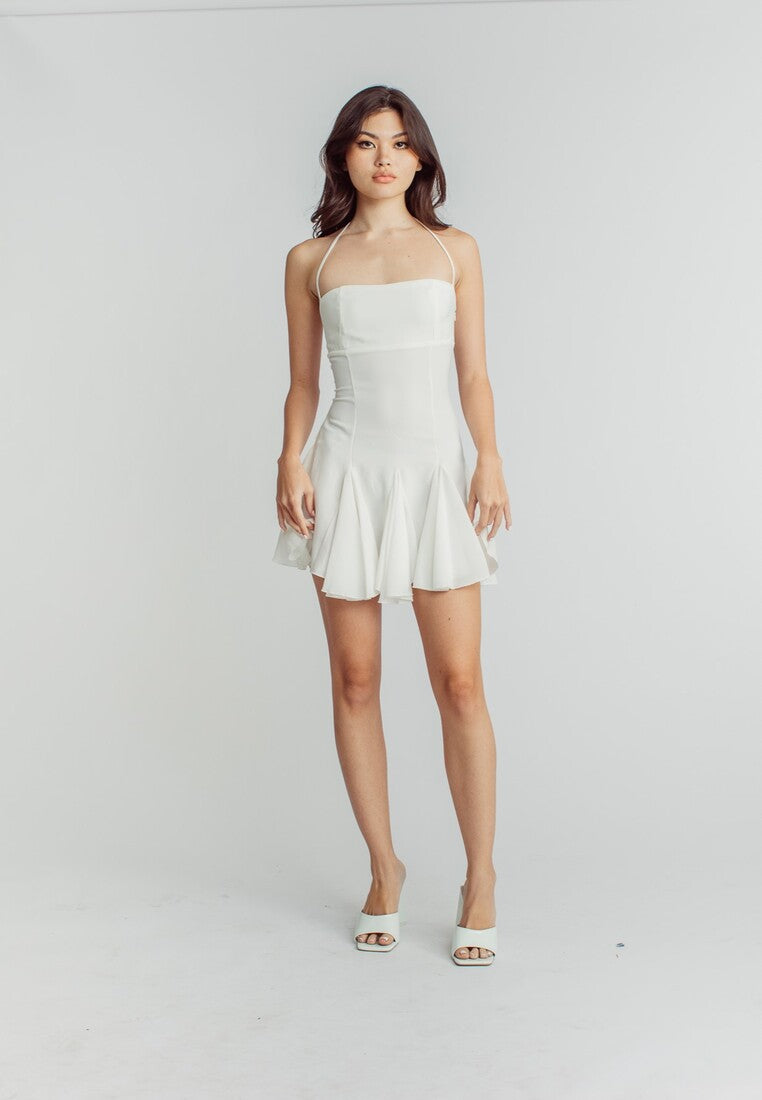 Jermaine White Tube Halter Strap Sleeveless Peplum Hem Mini Dress