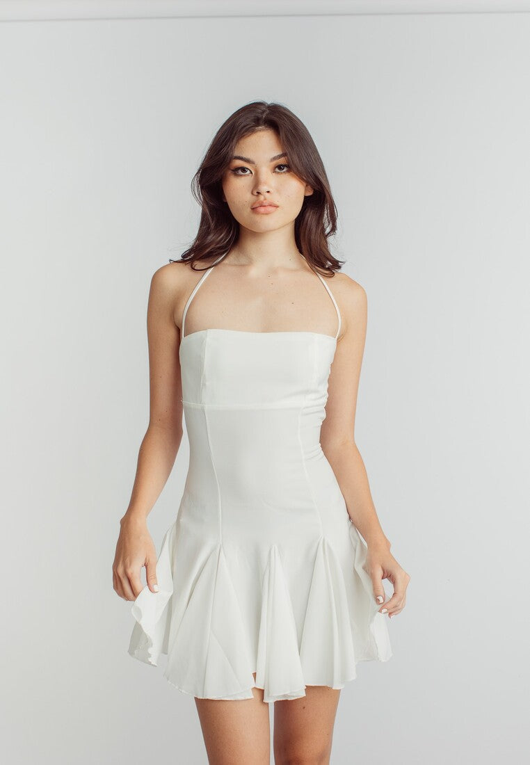 Jermaine White Tube Halter Strap Sleeveless Peplum Hem Mini Dress