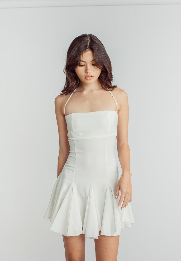 Jermaine White Tube Halter Strap Sleeveless Peplum Hem Mini Dress