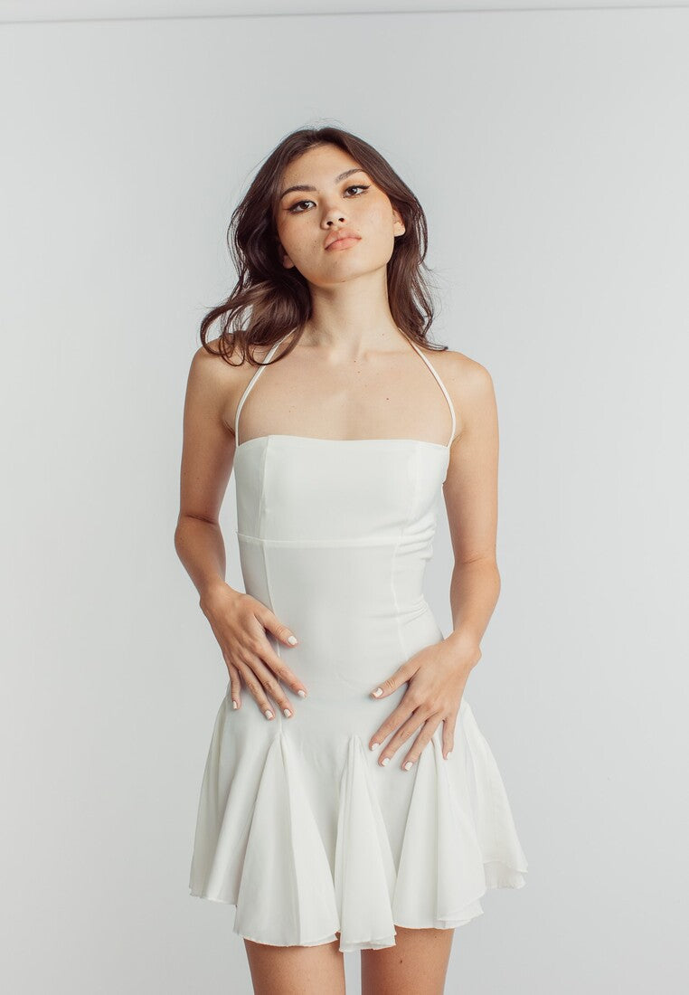 Jermaine White Tube Halter Strap Sleeveless Peplum Hem Mini Dress