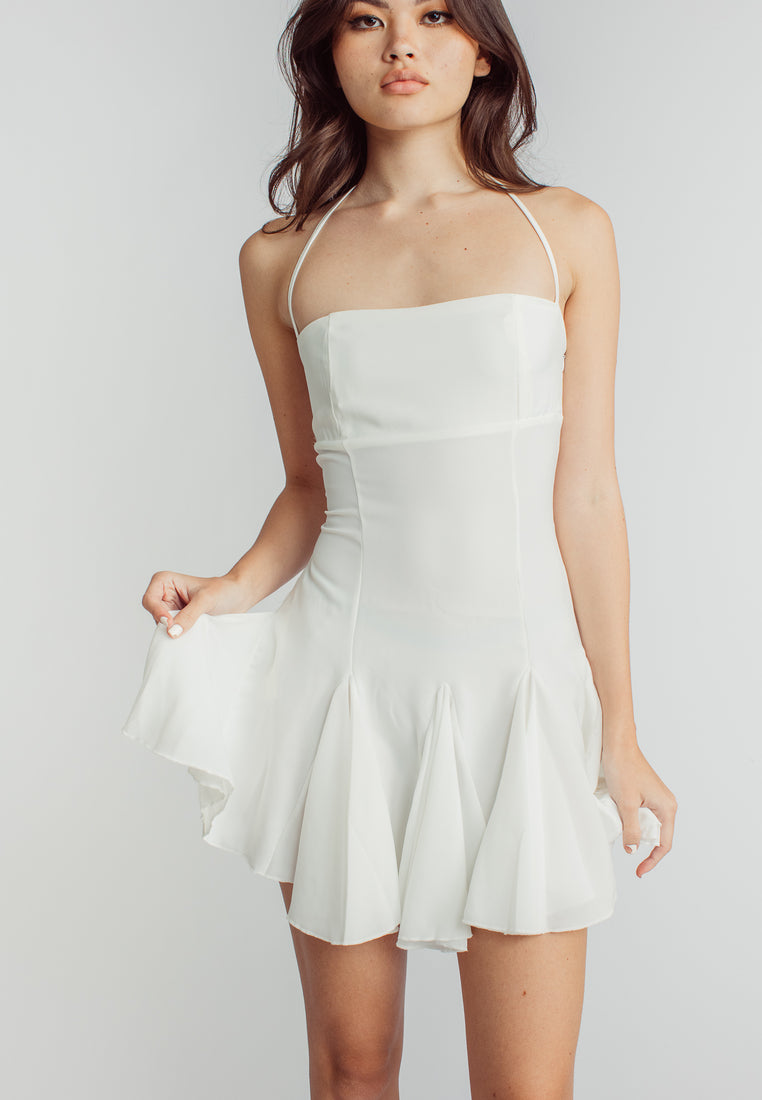 Jermaine White Tube Halter Strap Sleeveless Peplum Hem Mini Dress
