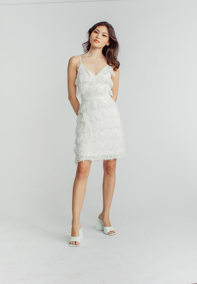 Sharon White V Neck Sleeveless Fringe Layer Mini Dress