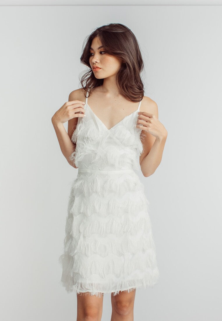 Sharon White V Neck Sleeveless Fringe Layer Mini Dress