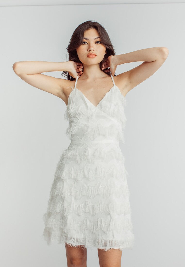 Sharon White V Neck Sleeveless Fringe Layer Mini Dress