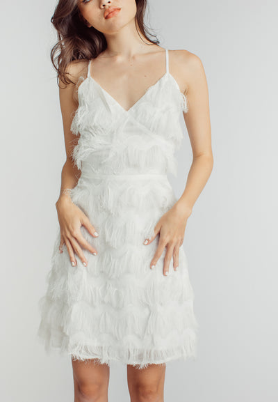 Sharon White V Neck Sleeveless Fringe Layer Mini Dress