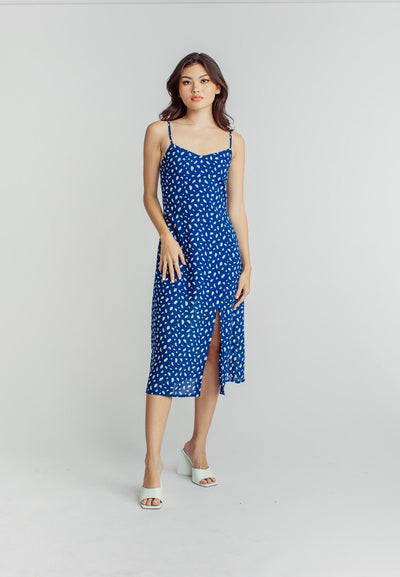 Vanessa Blue White Pattern Print V Neck Sleeveless Side Slit Midi Dress