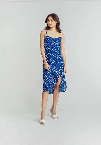Vanessa Blue White Pattern Print V Neck Sleeveless Side Slit Midi Dress