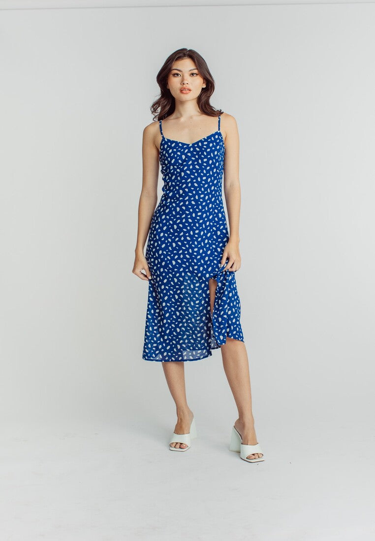 Vanessa Blue White Pattern Print V Neck Sleeveless Side Slit Midi Dress