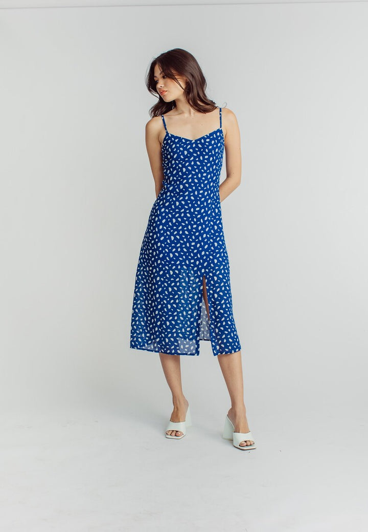 Vanessa Blue White Pattern Print V Neck Sleeveless Side Slit Midi Dress