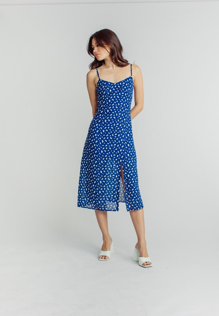 Vanessa Blue White Pattern Print V Neck Sleeveless Side Slit Midi Dress