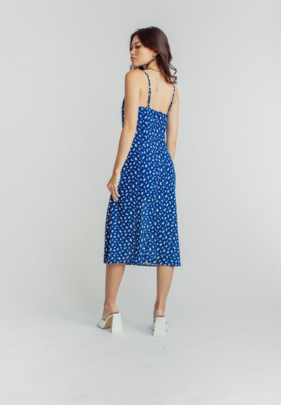 Vanessa Blue White Pattern Print V Neck Sleeveless Side Slit Midi Dress